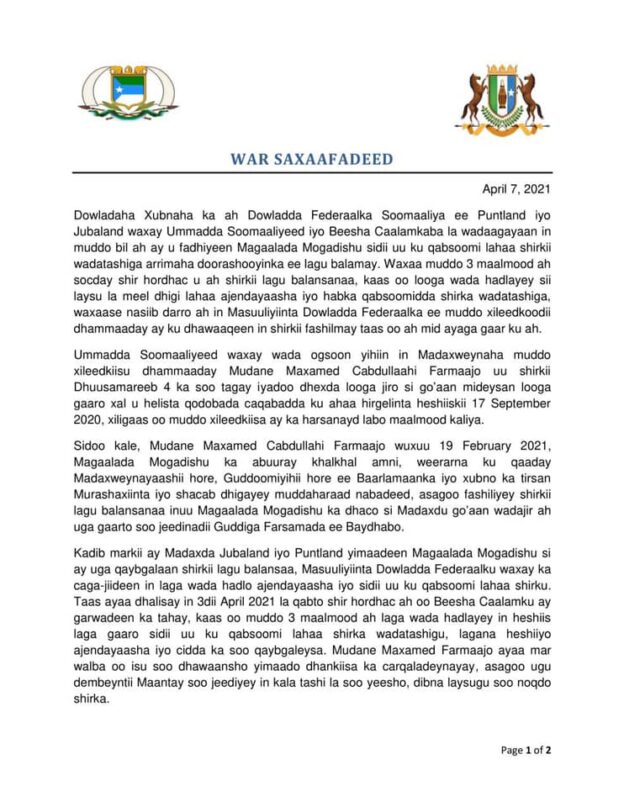 War-saxaafadeed Ay Wadajir Usoo Saareen Dowladaha Puntland Iyo Jubaland ...